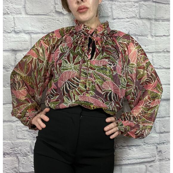 Gorgeous,  Elan Semi Sheer Botanical Print Blouse with Gold Threading - Picture 2 of 8